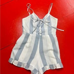 L’ATISSTE BLUE AND WHITE STRIPED RUFFLE SLEEVELESS SPAGHETTI ADJUSTABLE …